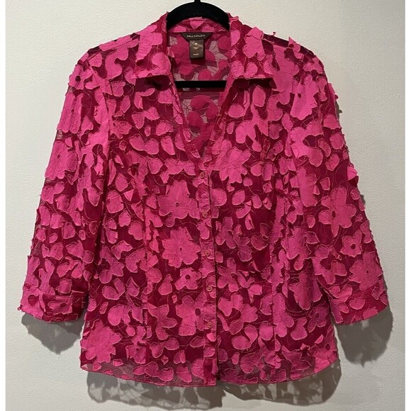 Multiples Shirt Womens Medium Button Up Pink Appliqué 3D Sheer Art To Wear - Picture 1 of 8